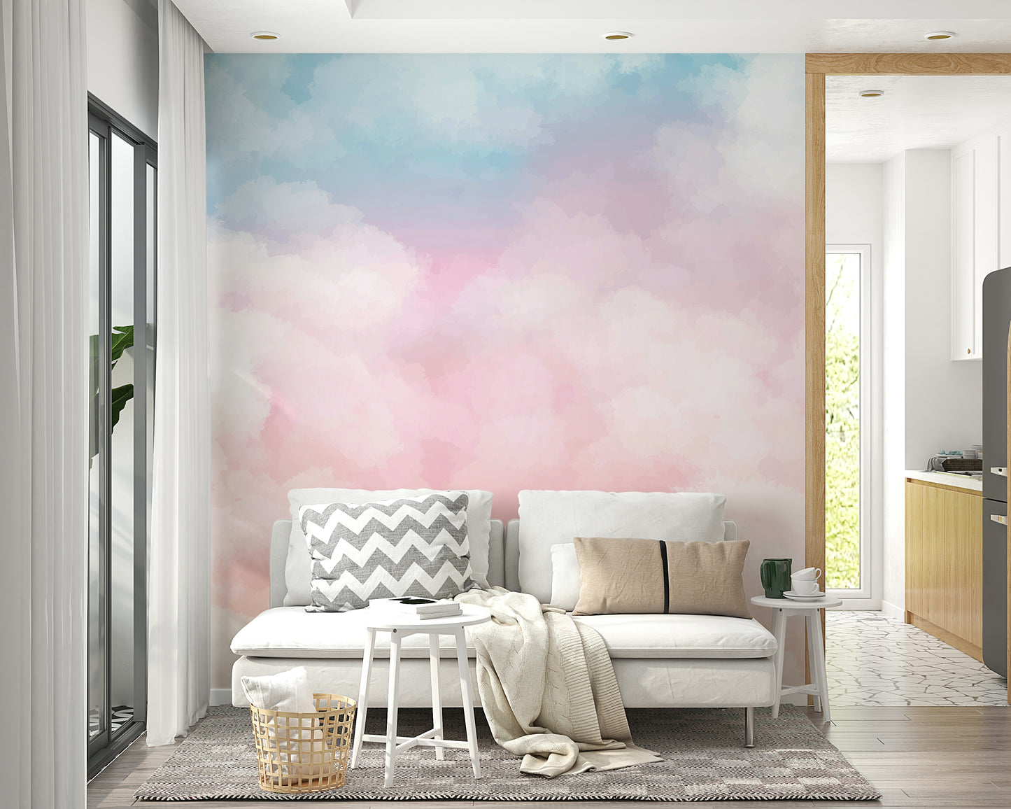 A close-up view shows the soft blends of color on the mural's surface.

