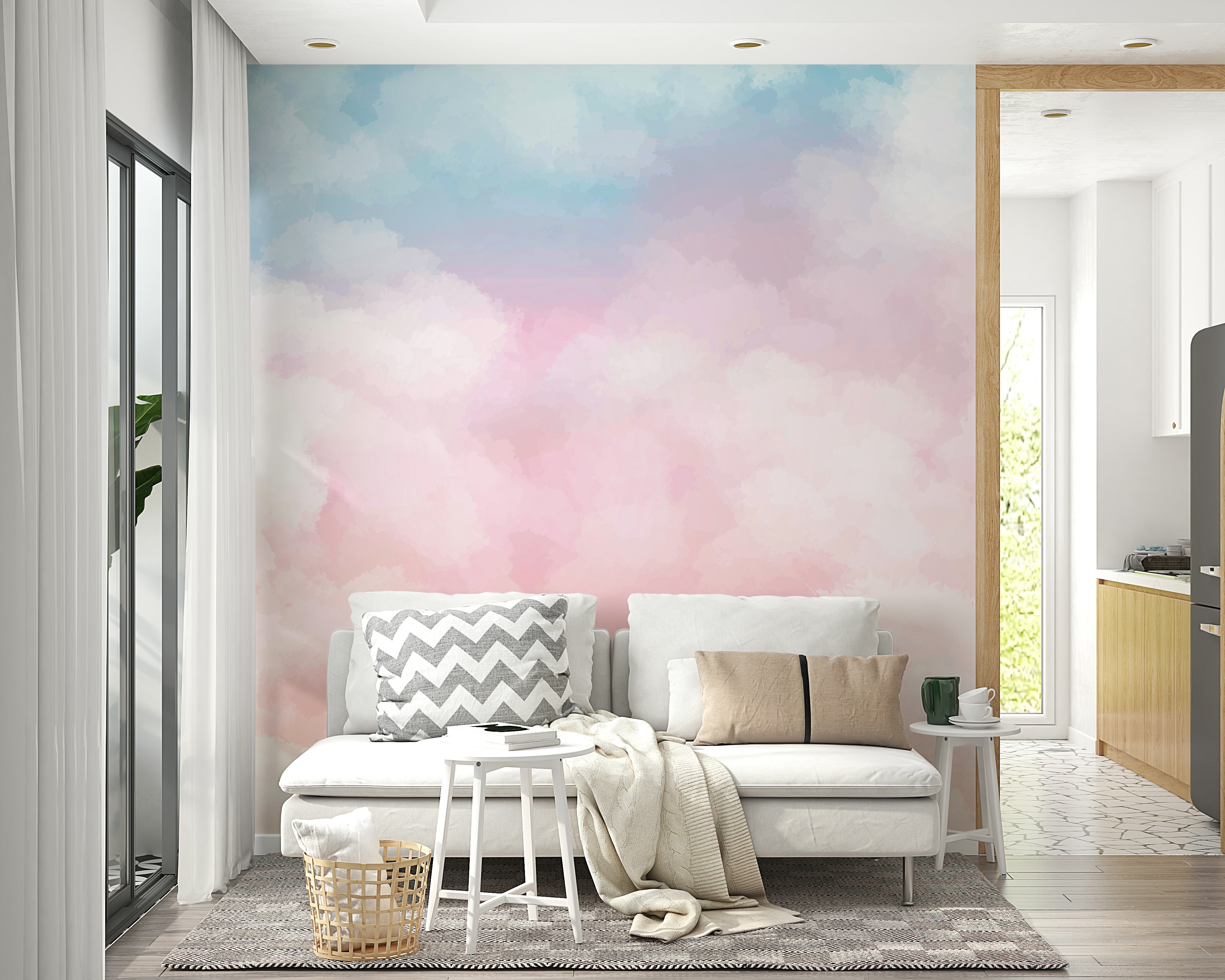 A close-up view shows the soft blends of color on the mural's surface.


