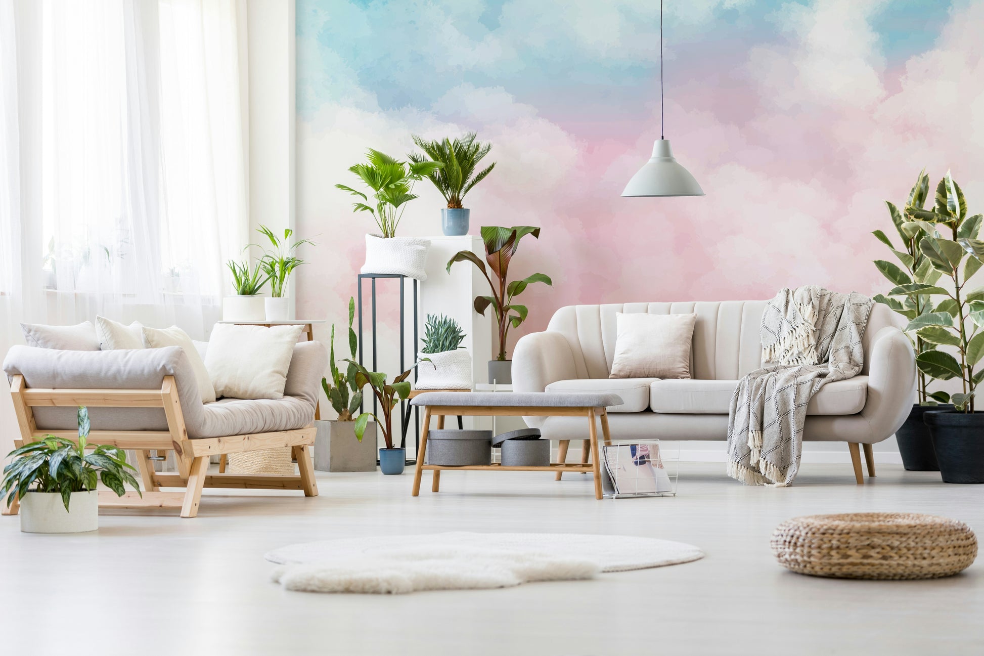 The mural extends across the entire wall, creating a clean, vast backdrop.

