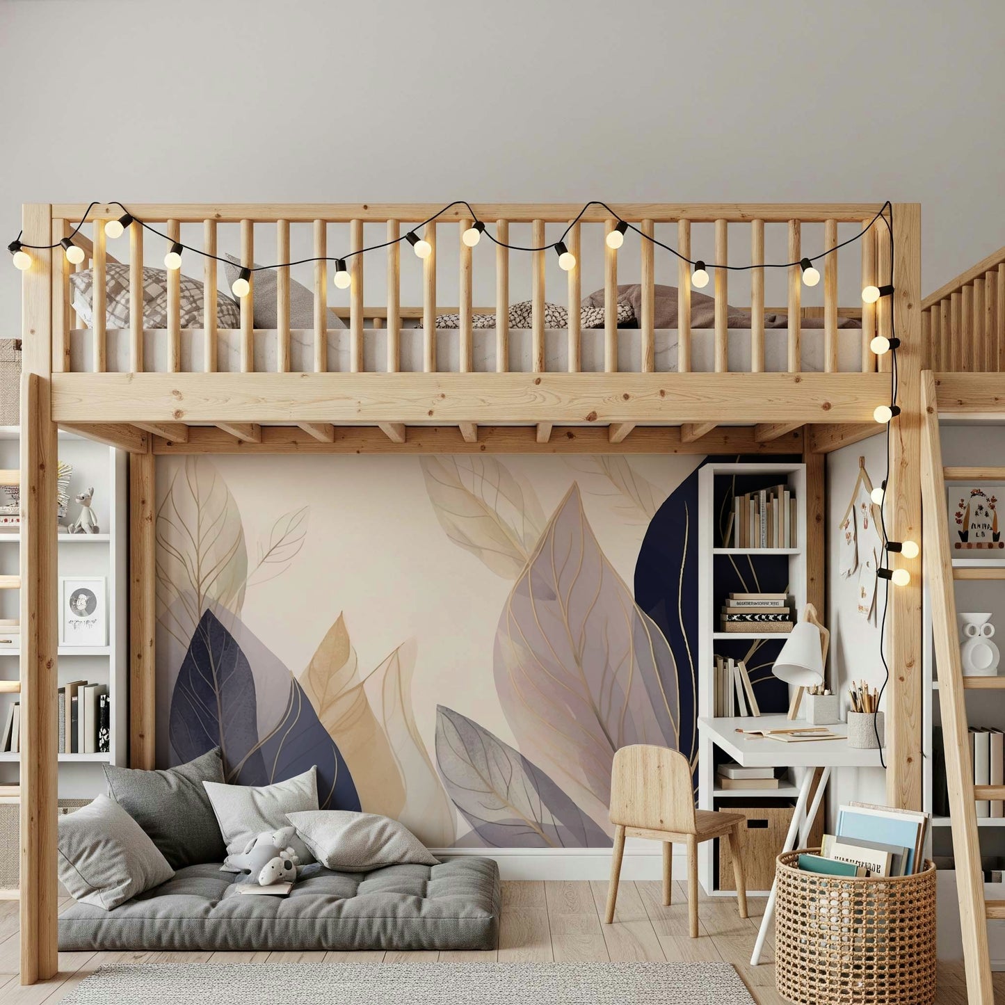 The mural is installed in a calm, modern living room.

