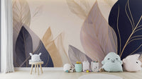 A wall mural featuring a soft pattern of delicate leaves in pastel colors.

