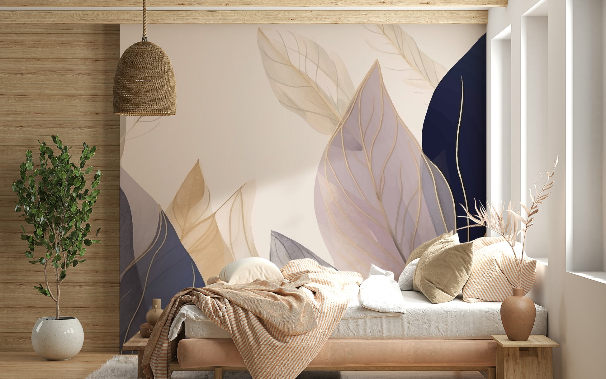 The image shows a full wall with a simple, repeating leaf design.

