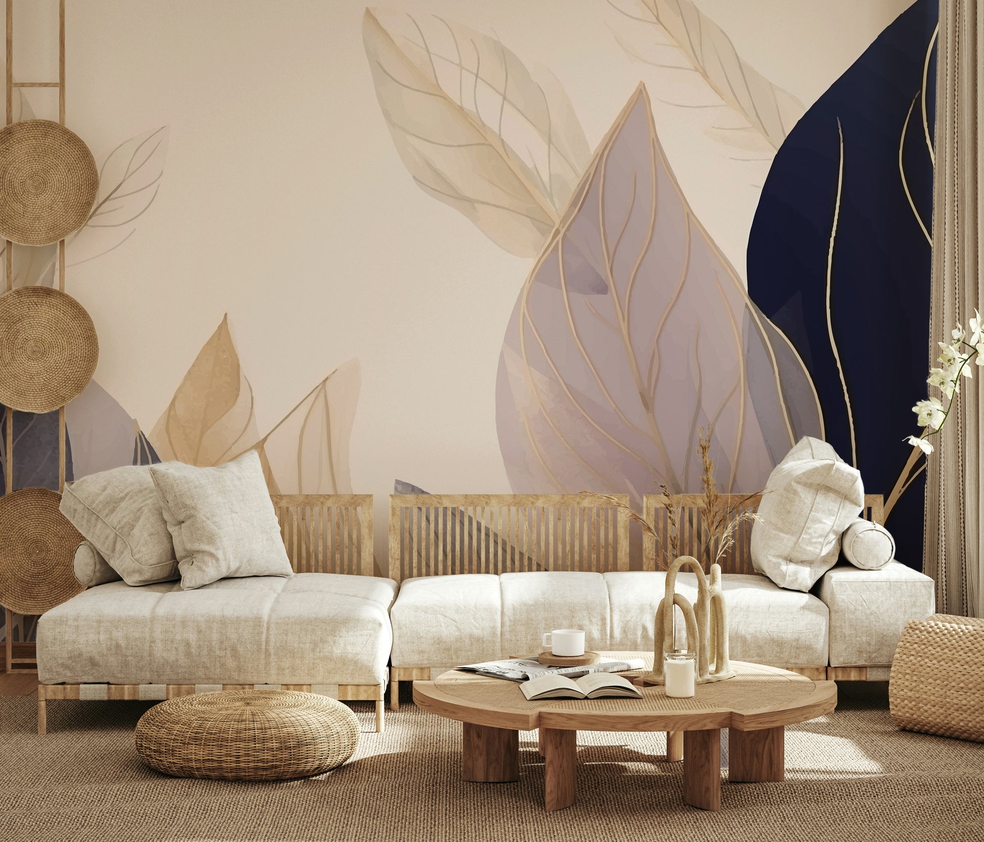 The room's lighting highlights the light, airy feel of the mural.

