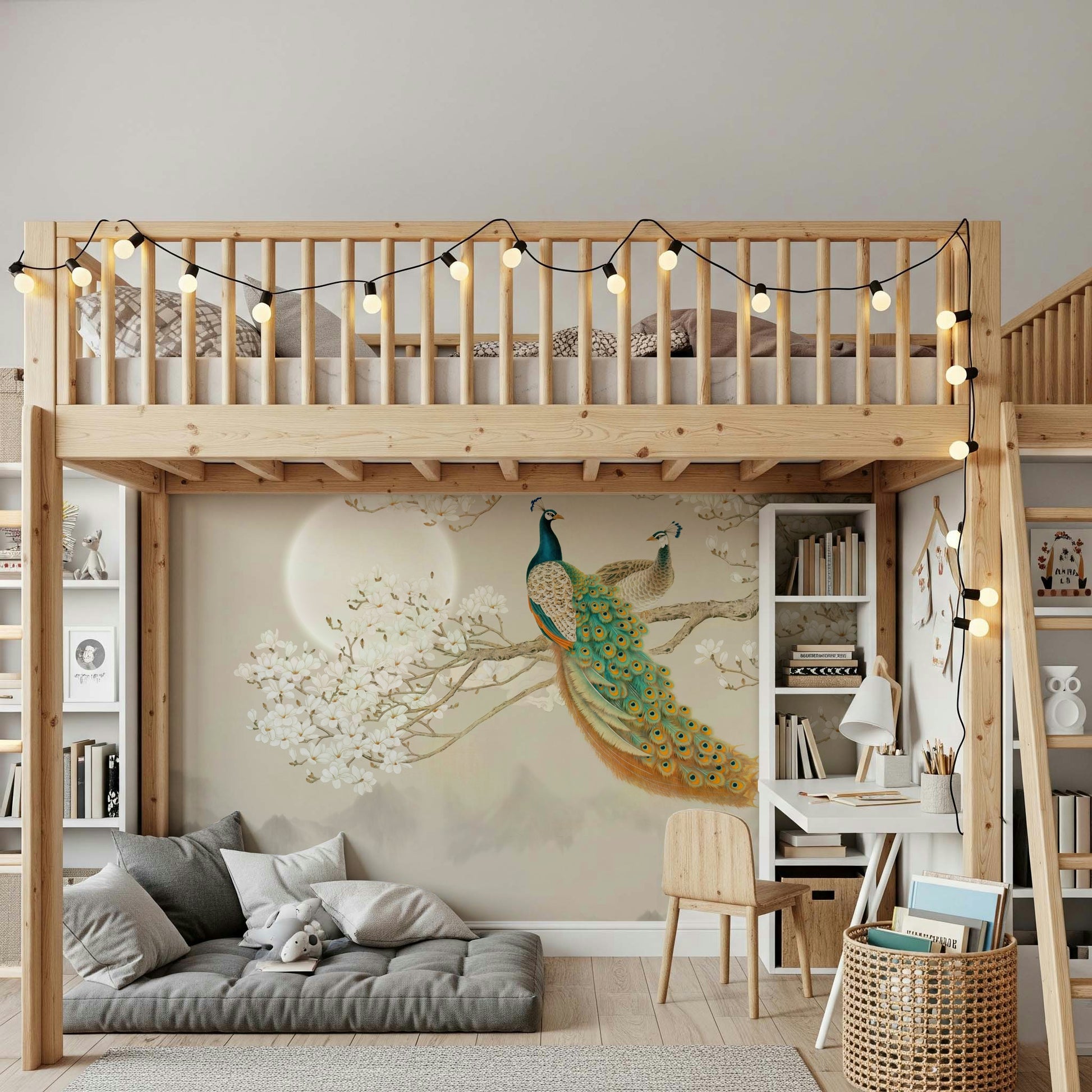 The room's lighting highlights the shimmering effect of the feathers.

