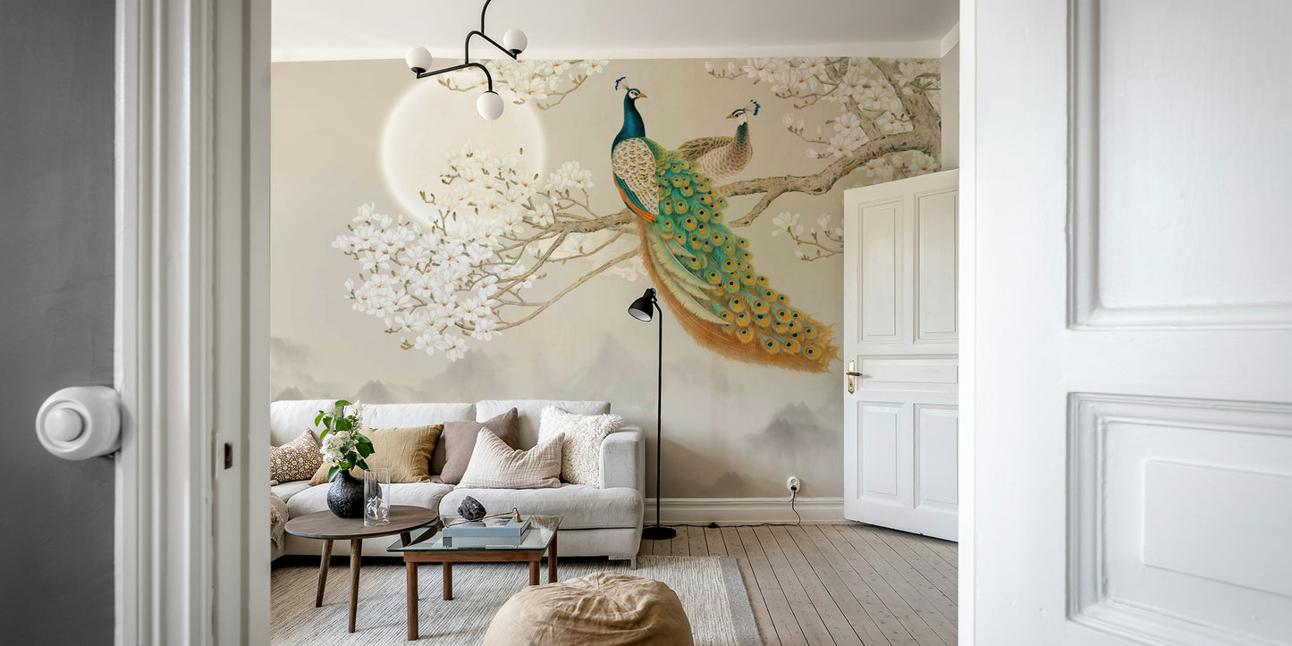 The image shows the peacock in a full-body pose, facing to the side.

