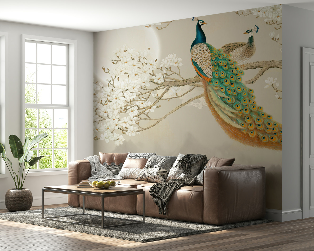 A wall mural featuring a large, elegant peacock with its tail feathers fanned out.

