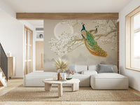 The mural is installed in a formal living room behind a simple sofa.

