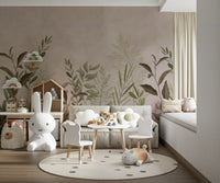 The mural is installed in a modern, light-filled living room.

