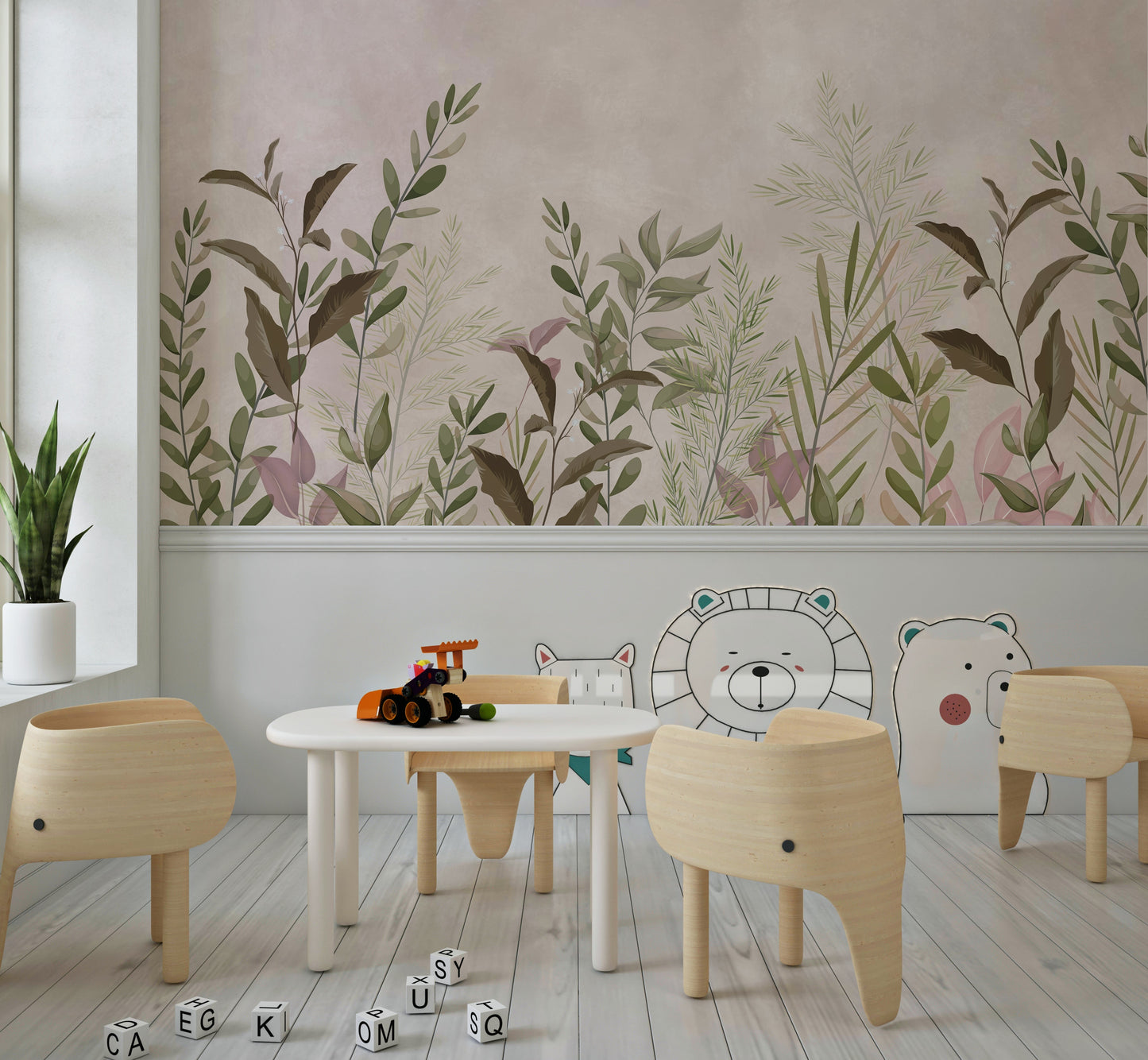 The image shows a full wall with a soft, abstract pattern.

