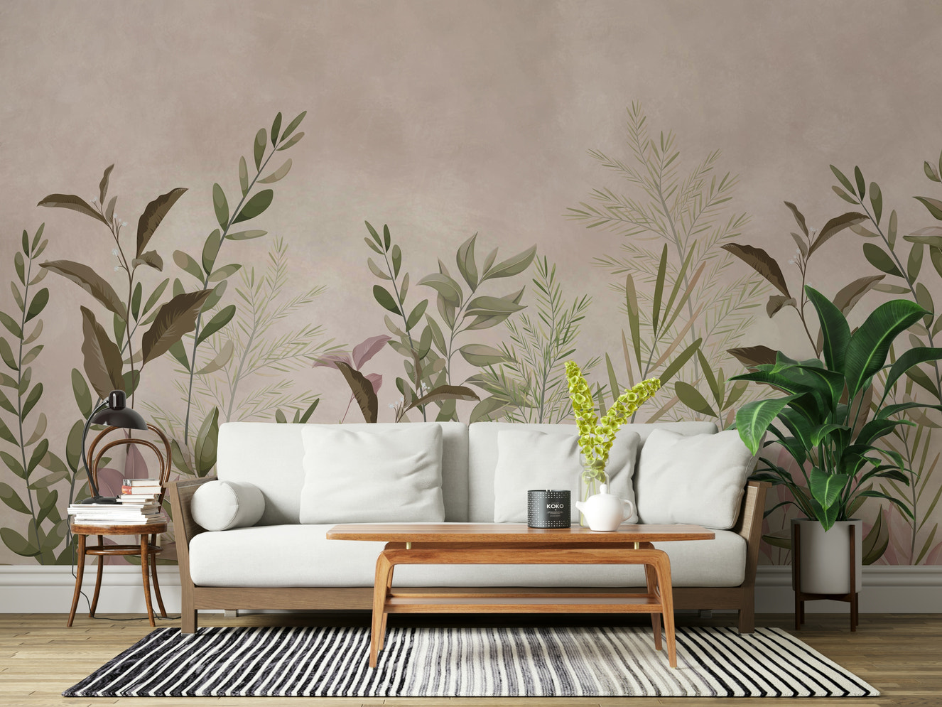 A wall mural featuring a clean, minimalist design in very light colors.

