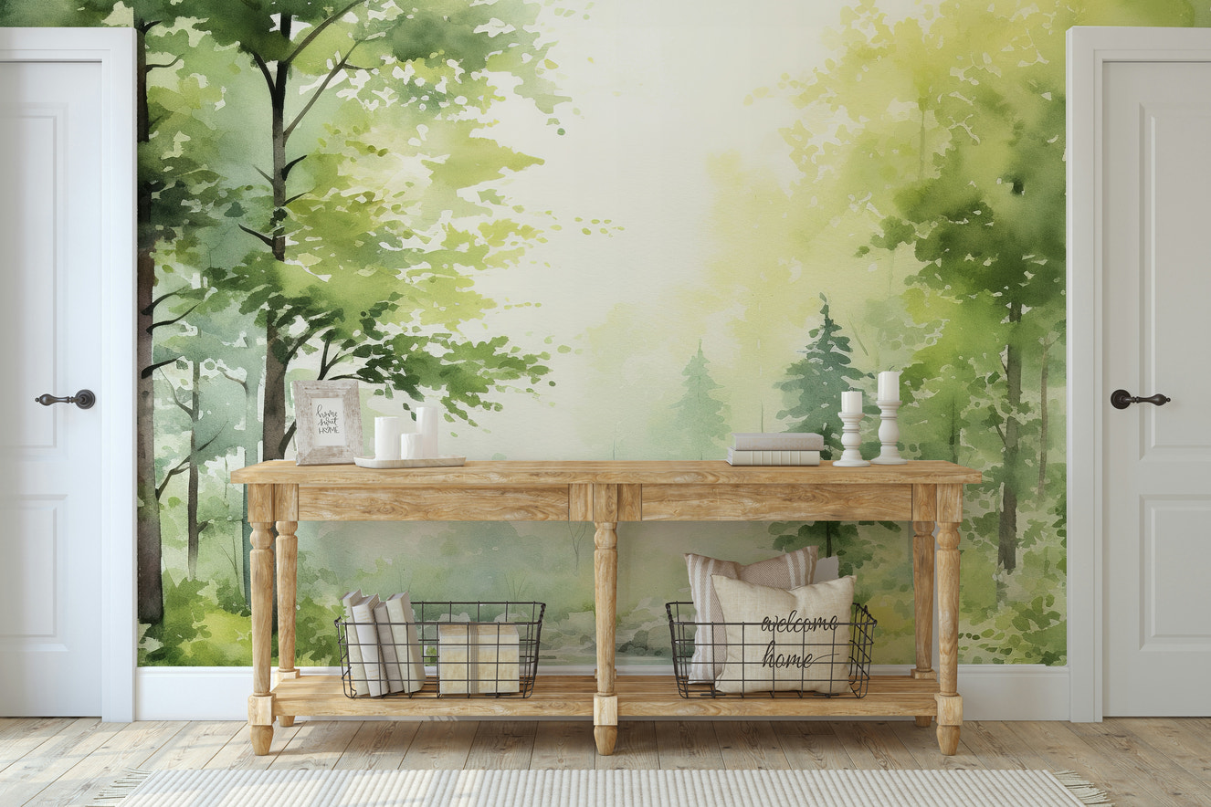 A wall mural featuring a serene rainforest scene with a small brook.

