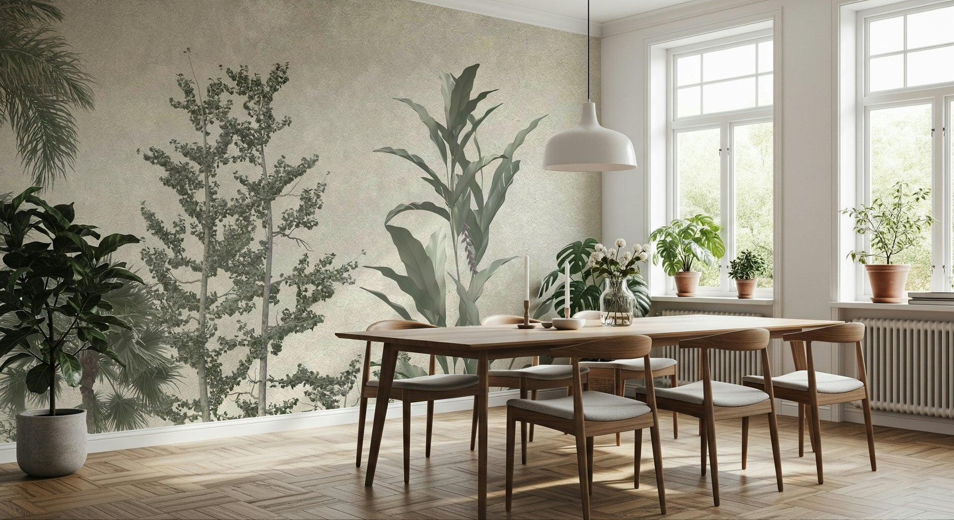 The mural is installed in a modern living room behind a simple, light-colored sofa.

