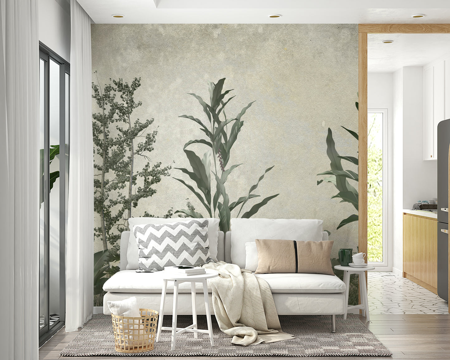 The mural extends across the entire wall, making the room feel more open and vast.

