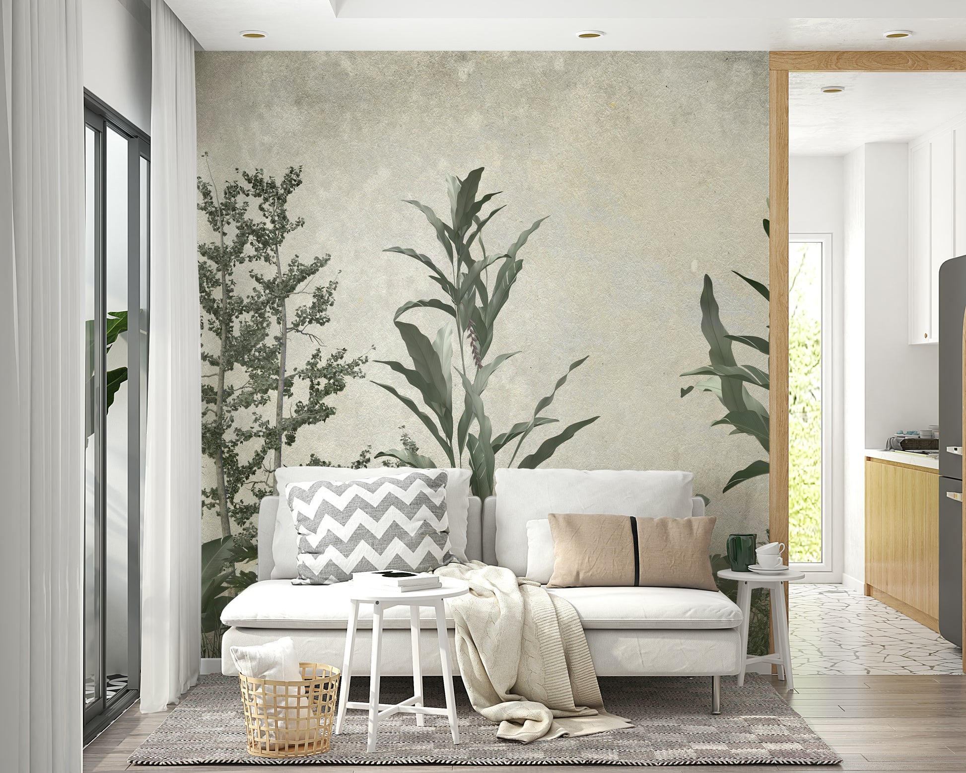 The mural extends across the entire wall, making the room feel more open and vast.

