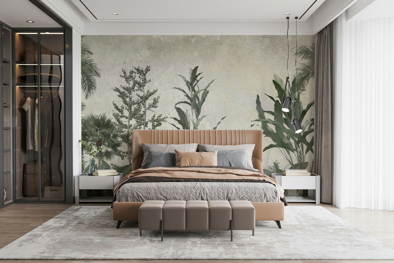 A wall mural featuring a serene landscape of rolling green hills and scattered trees.

