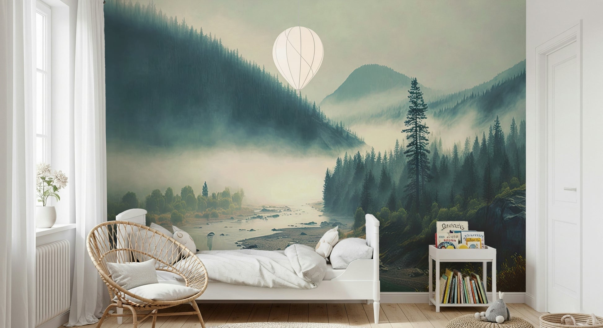 The mural extends across the entire wall, making the room feel more open.

