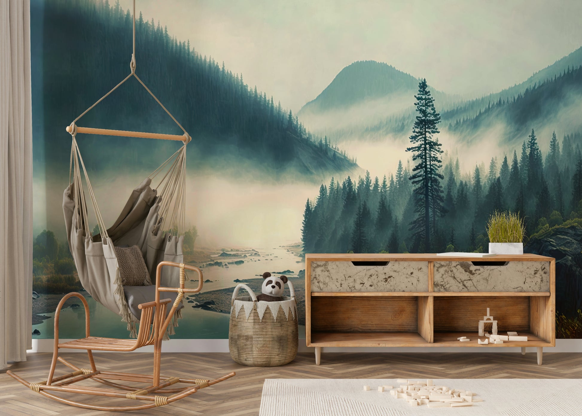 The colors are soft and muted, including shades of gray, light blue, and pale green.

