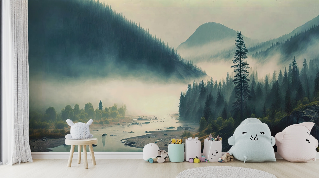 A wall mural featuring a serene landscape of misty mountains and forests.

