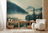 The image shows a quiet scene of mountain peaks receding into the distance.

