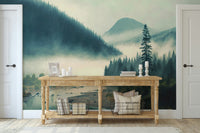 The mural is installed in a calm living room behind a simple, light-colored sofa.

