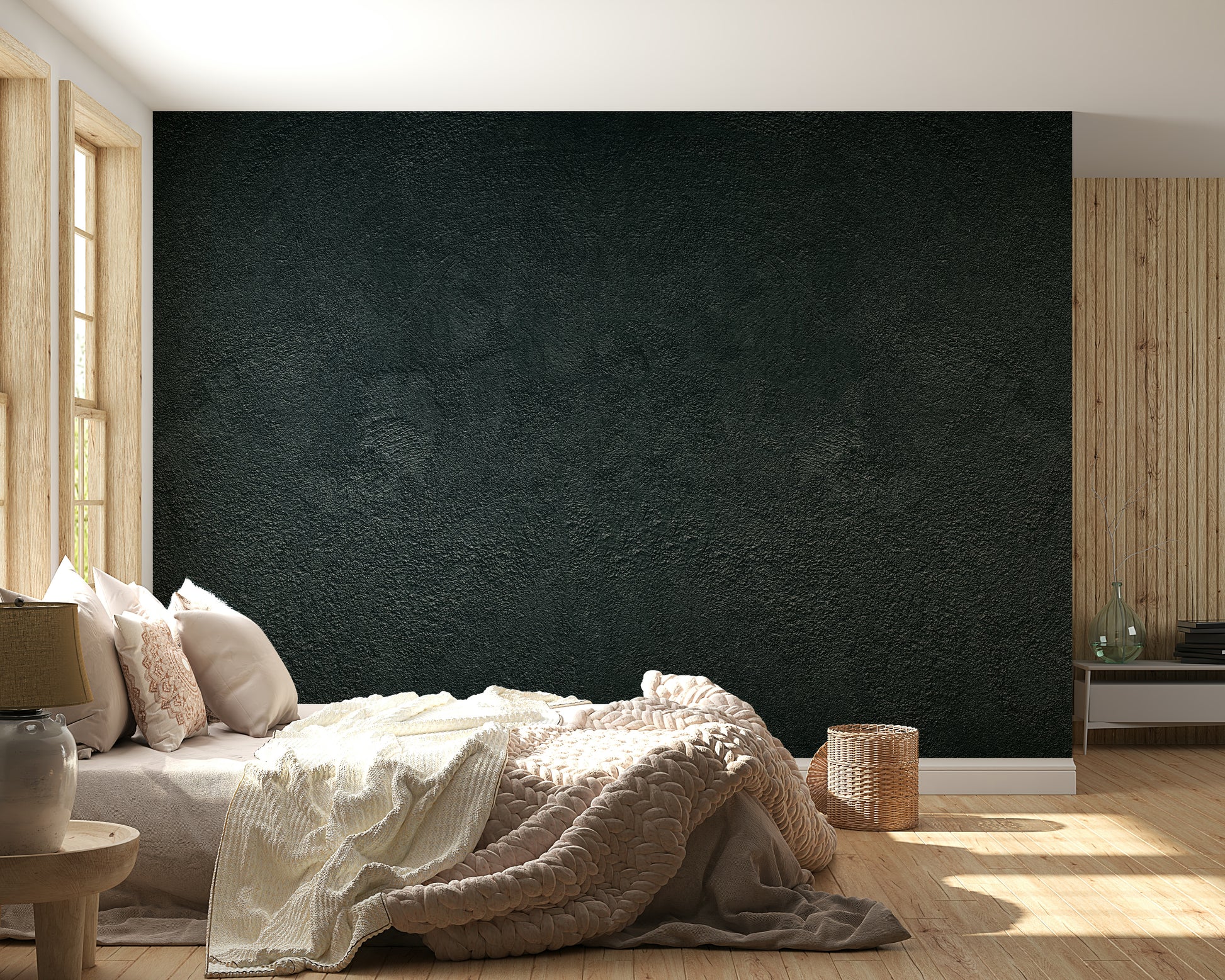 The mural is installed in a modern bedroom behind a simple, light-colored bed.

