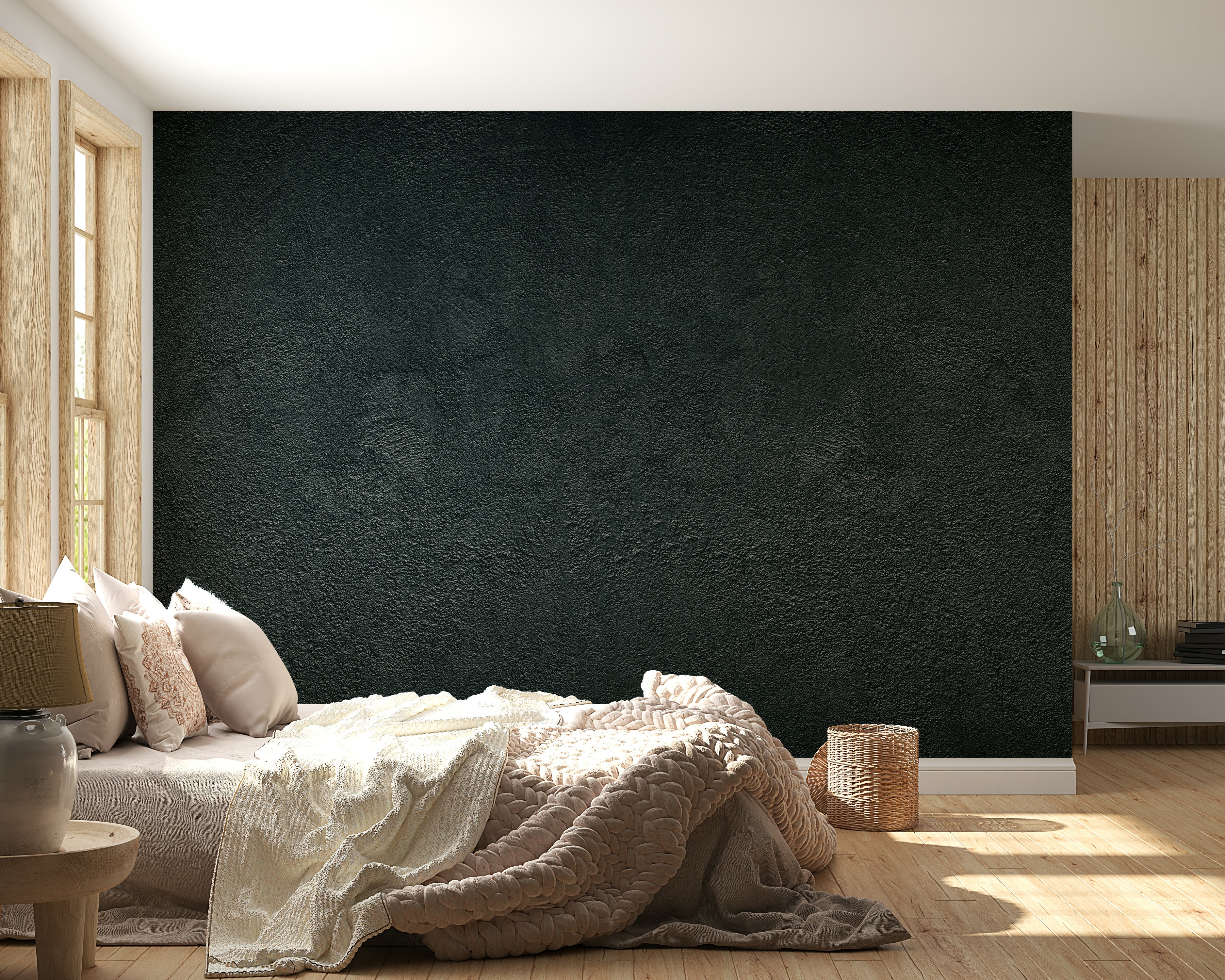 The mural is installed in a modern bedroom behind a simple, light-colored bed.

