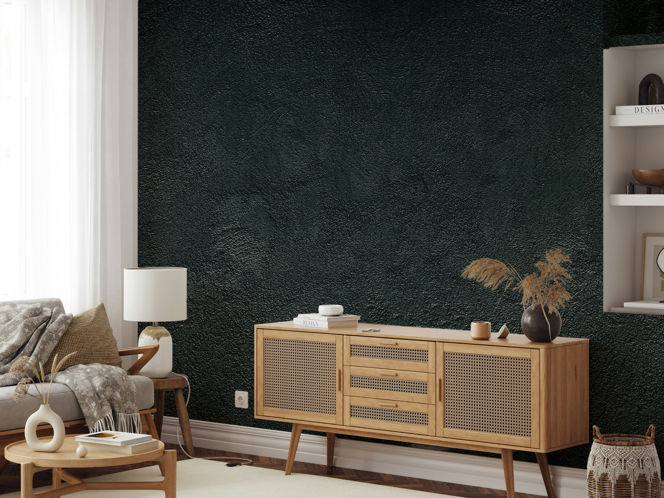 A wall mural featuring a deep, textured stucco pattern.

