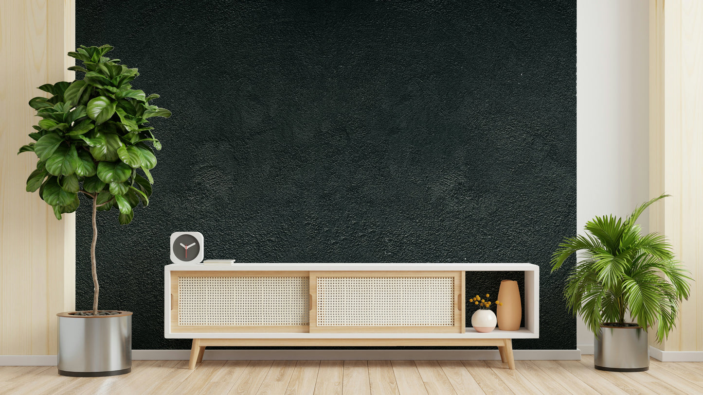The image shows a full wall with a pattern that looks like a dark plaster surface.

