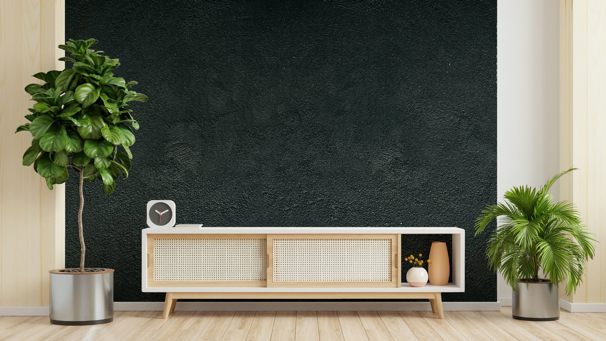 The image shows a full wall with a pattern that looks like a dark plaster surface.

