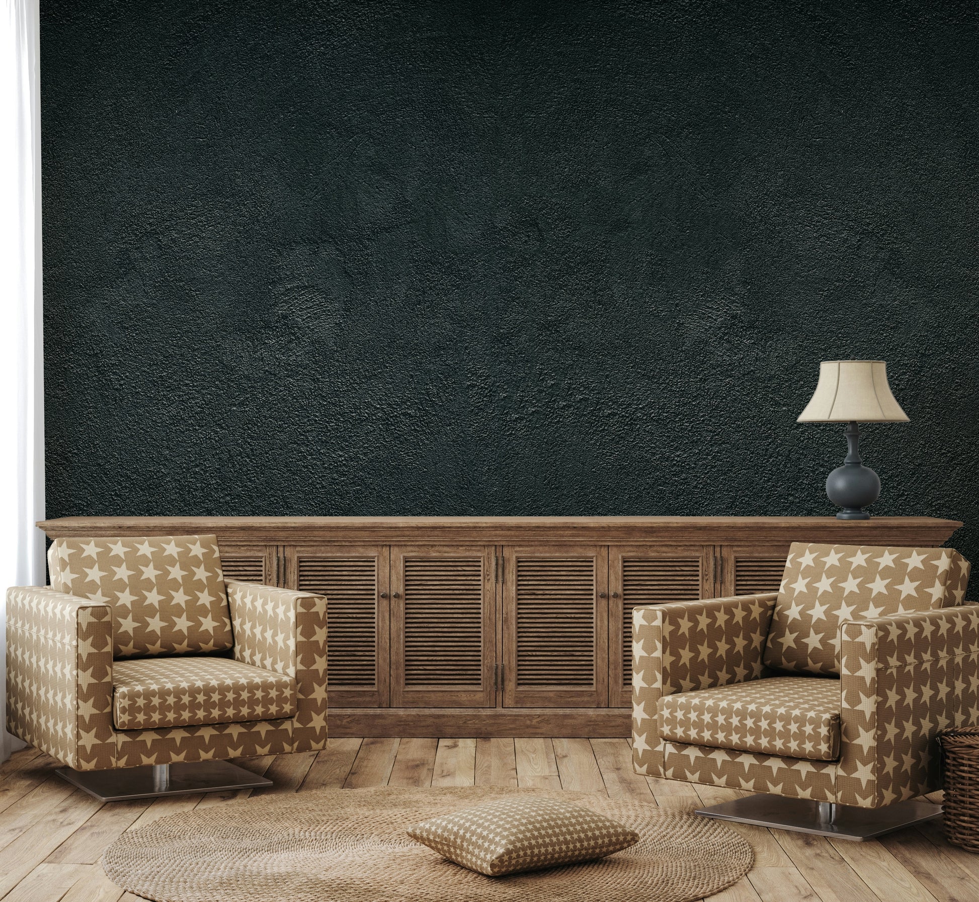 The colors are moody and dark, including shades of charcoal, deep gray, and black.

