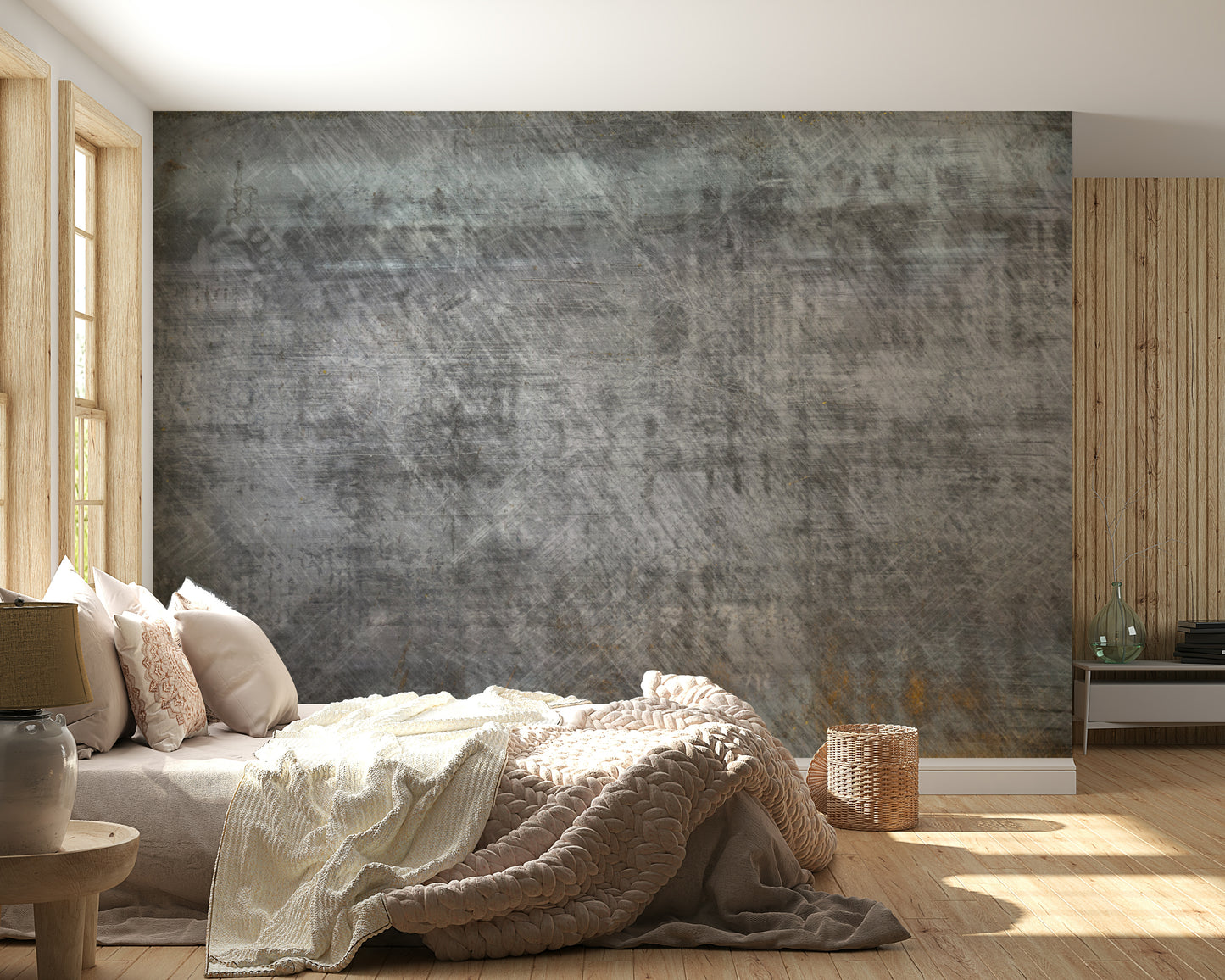 The colors are cool and muted, including shades of gray, silver, and charcoal.

