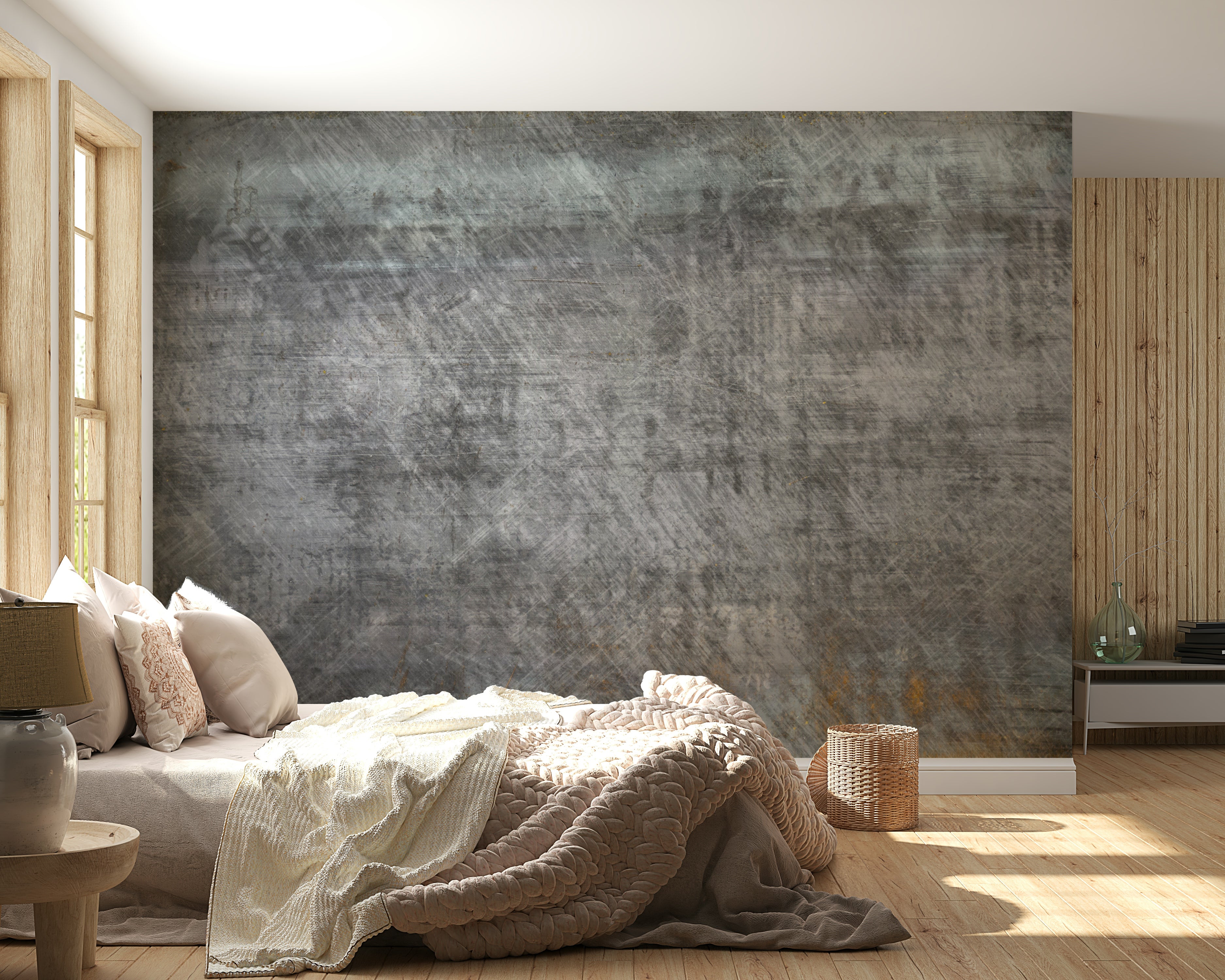 The colors are cool and muted, including shades of gray, silver, and charcoal.

