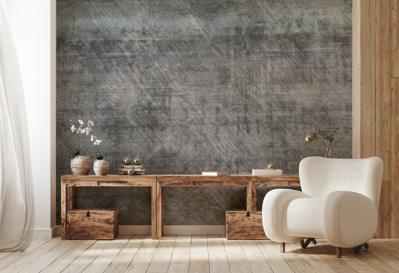 A wall mural featuring a distressed, textured steel pattern.

