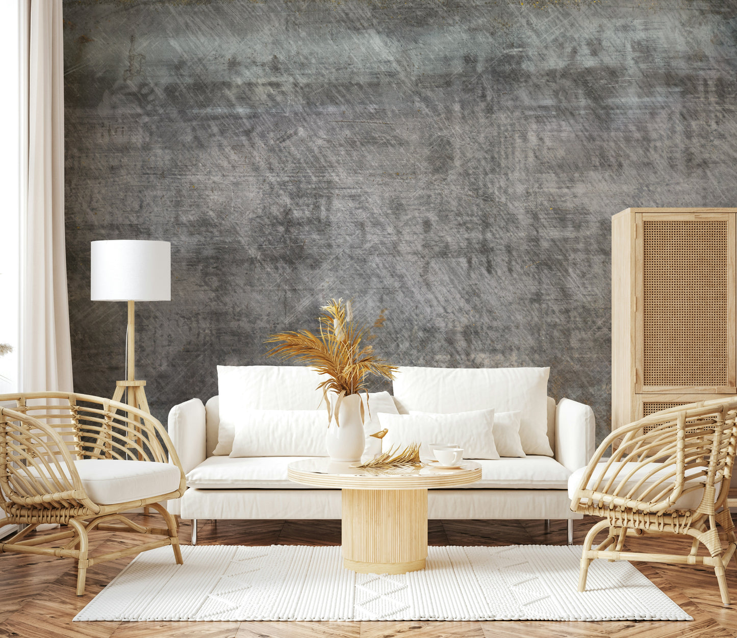 The mural is installed in a modern, minimalist living room.

