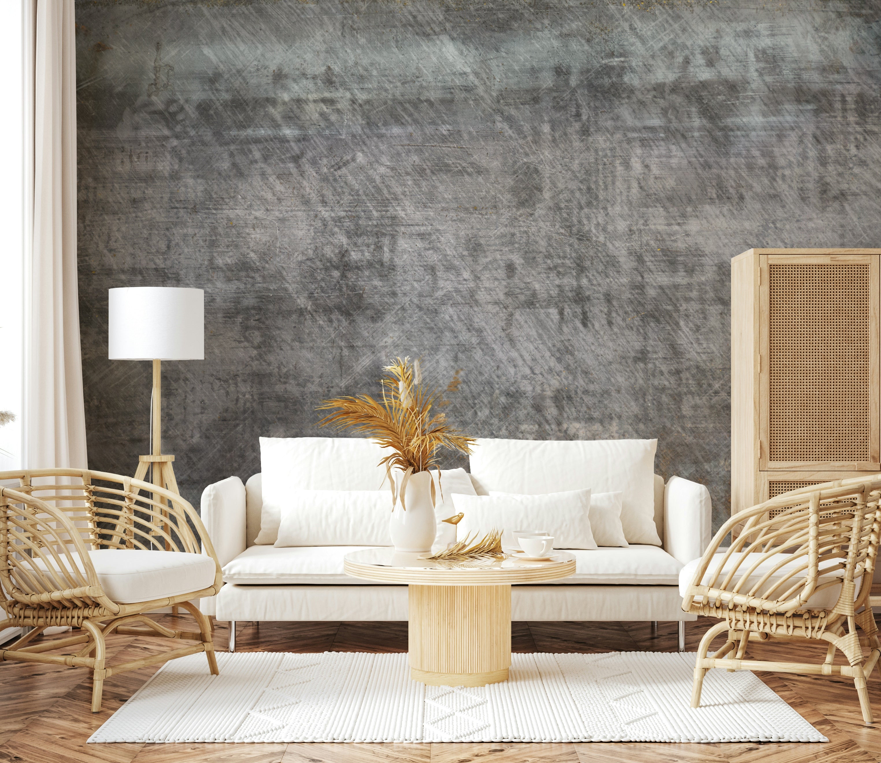 The mural is installed in a modern, minimalist living room.


