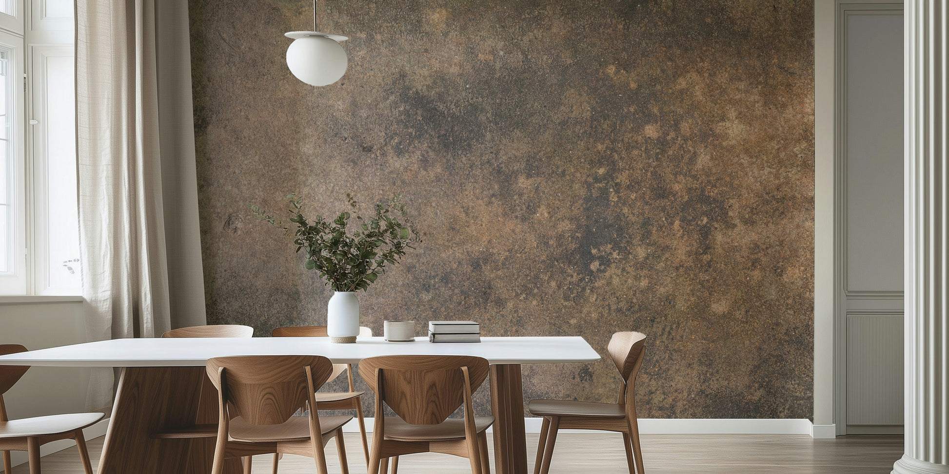 The mural is installed in a calm, modern living room.

