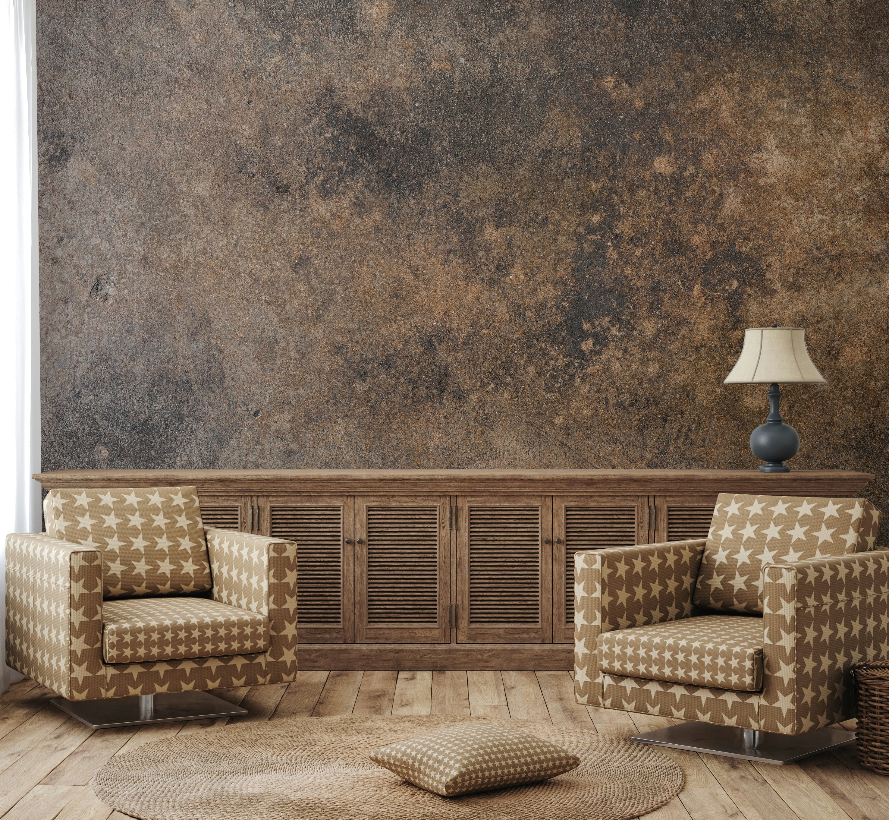 A wall mural featuring a soft, worn, and textured pattern.

