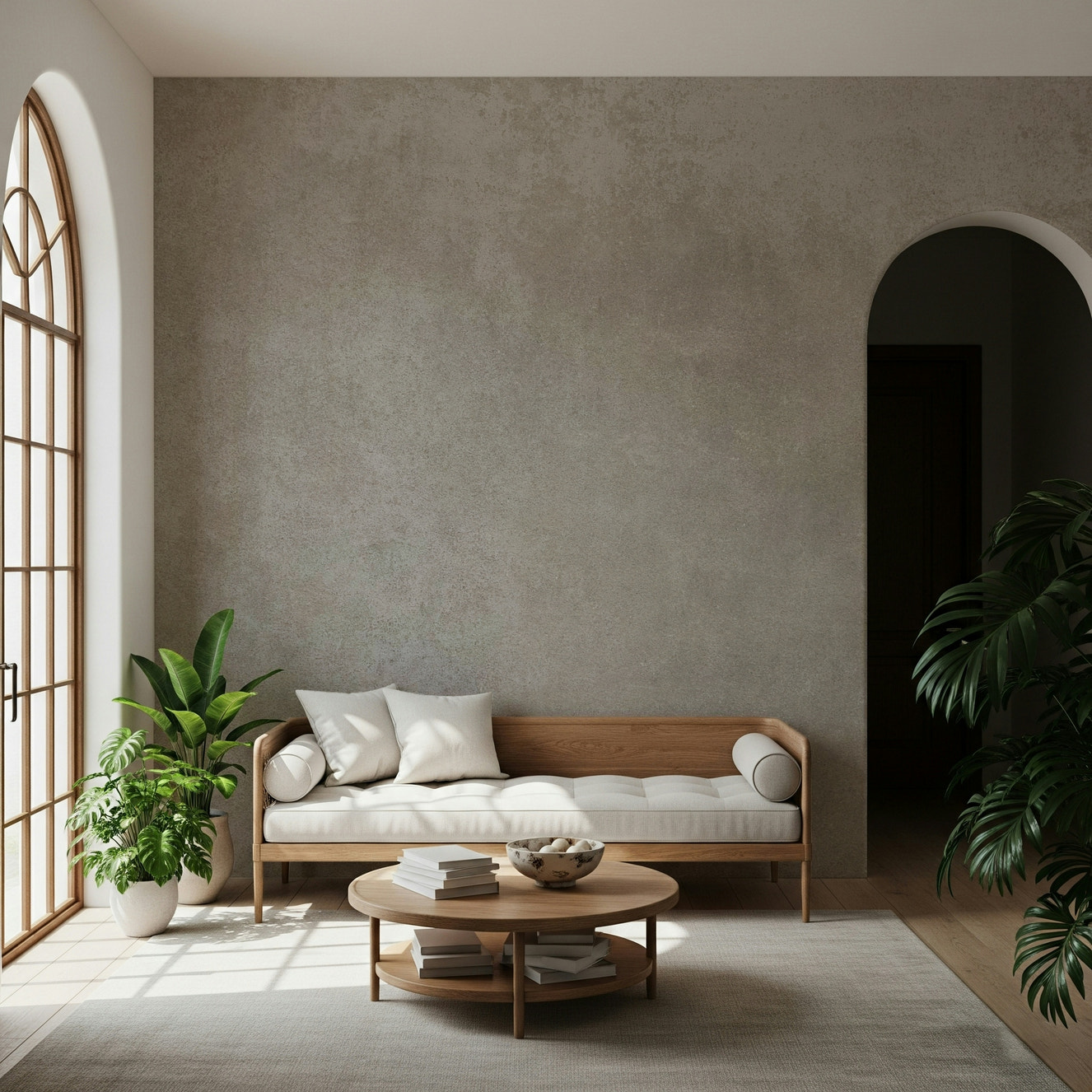 A wall mural featuring a soft, aged, and textured plaster pattern.

