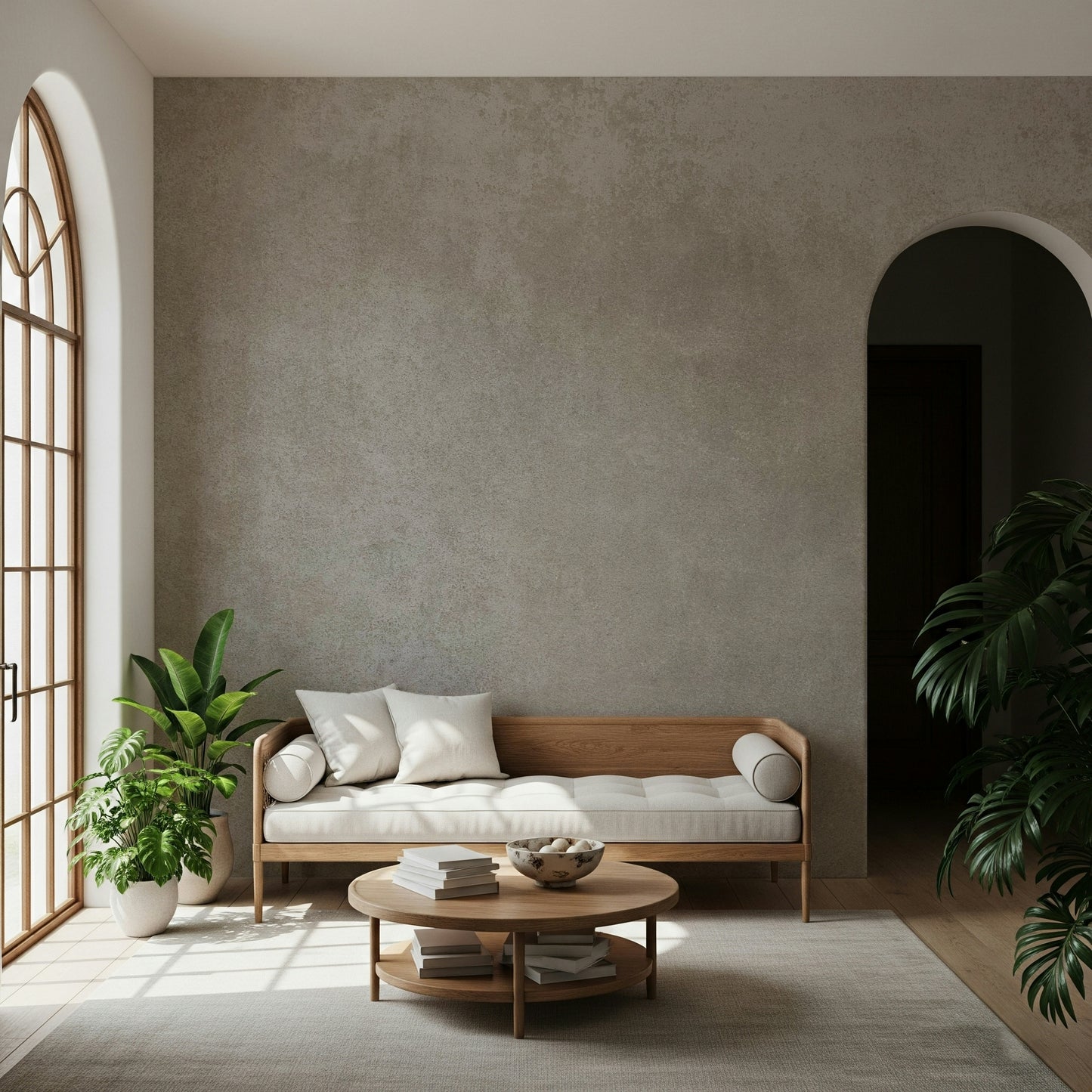 A wall mural featuring a soft, aged, and textured plaster pattern.

