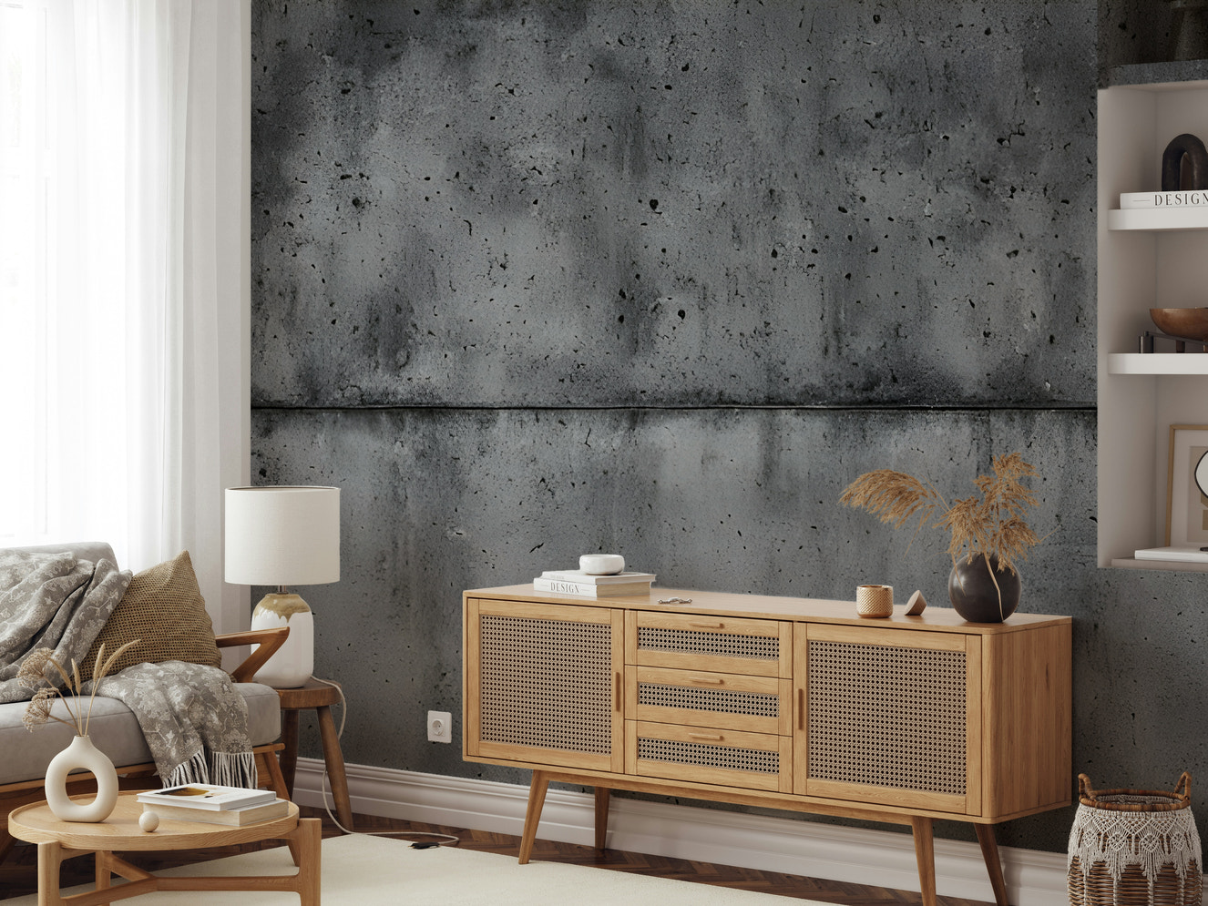 A wall mural featuring a raw, textured urban pattern.

