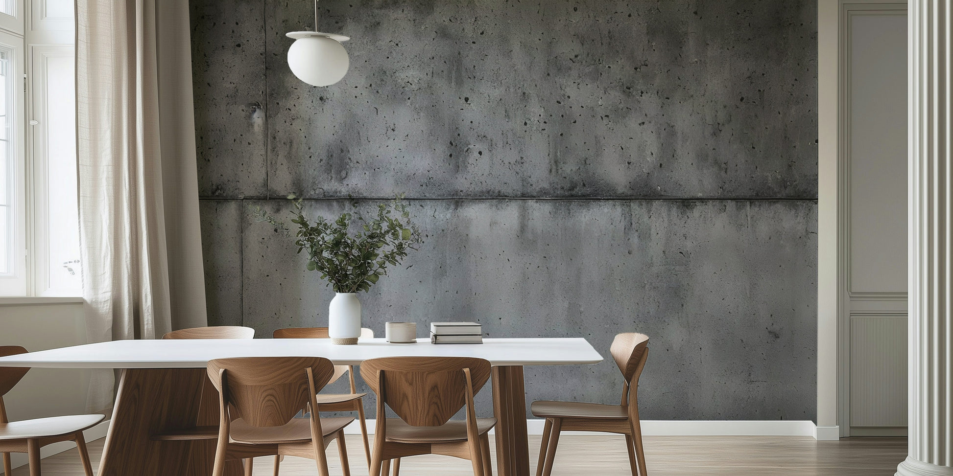 The mural is installed in a modern, minimalist living room.

