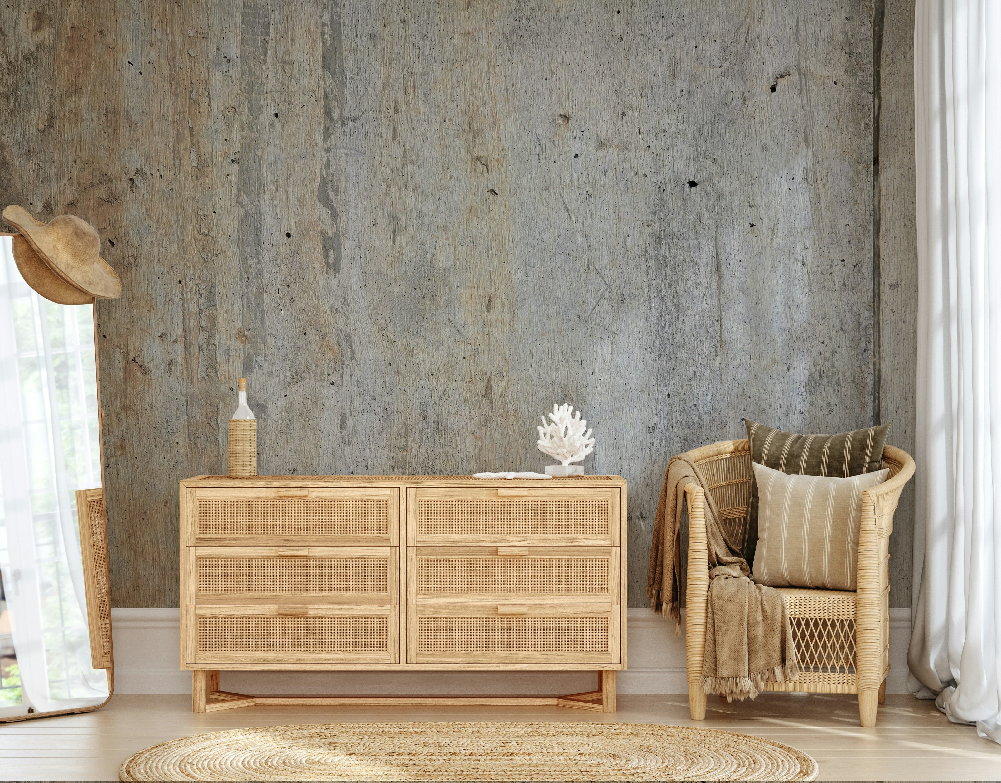 The image shows a full wall with a pattern that looks like peeling paint over old plaster.

