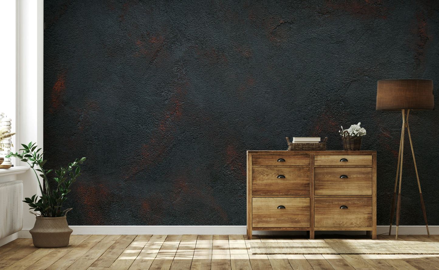 The style is dynamic and moody, making the space feel energetic and bold.

