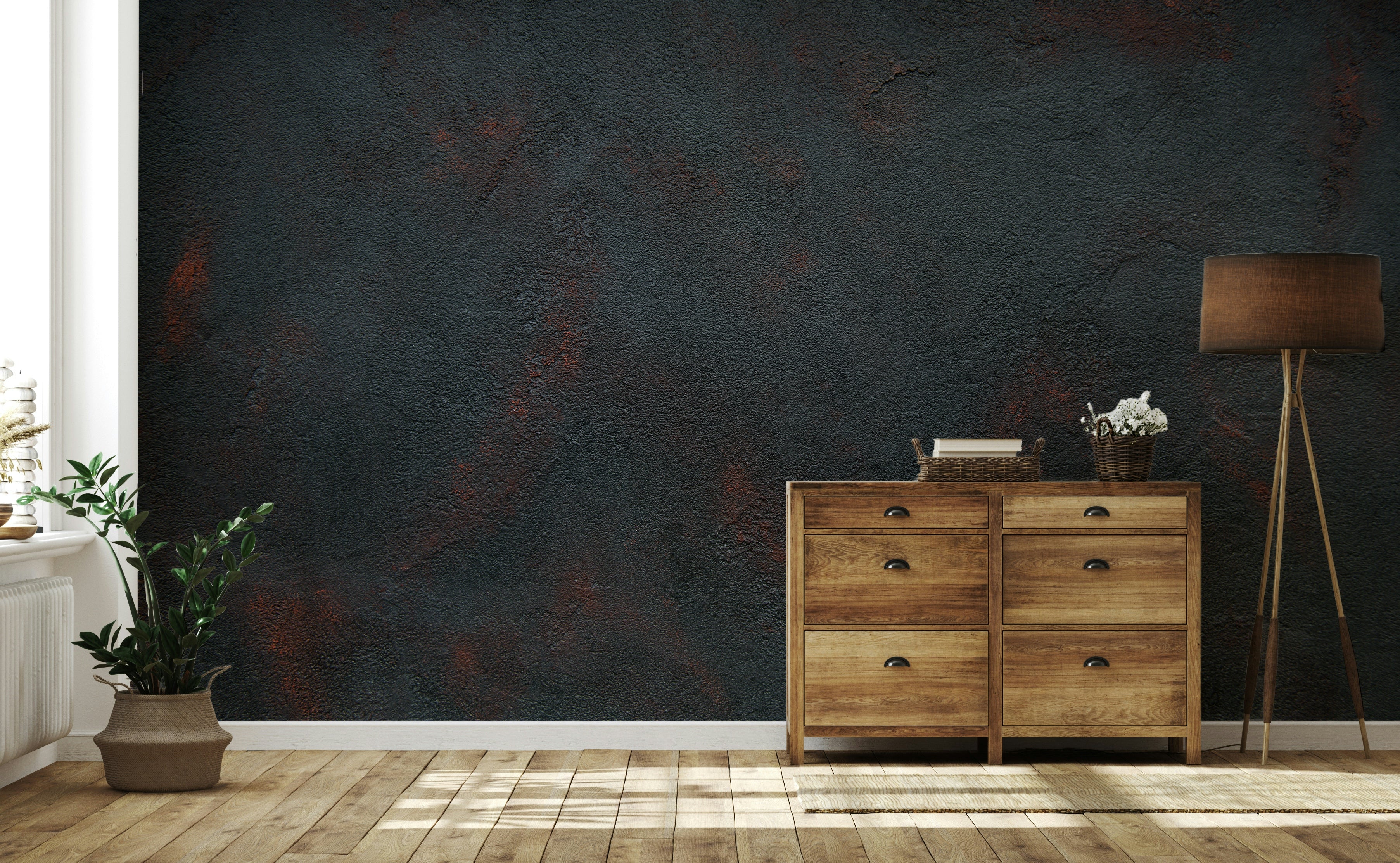 The style is dynamic and moody, making the space feel energetic and bold.

