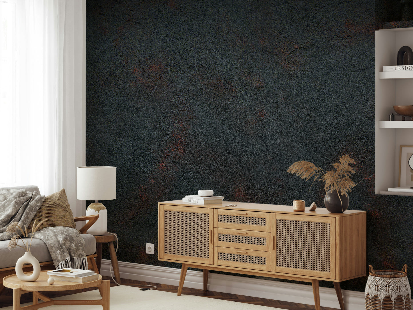 The light in the room highlights the various layers and shades of the fiery tones.

