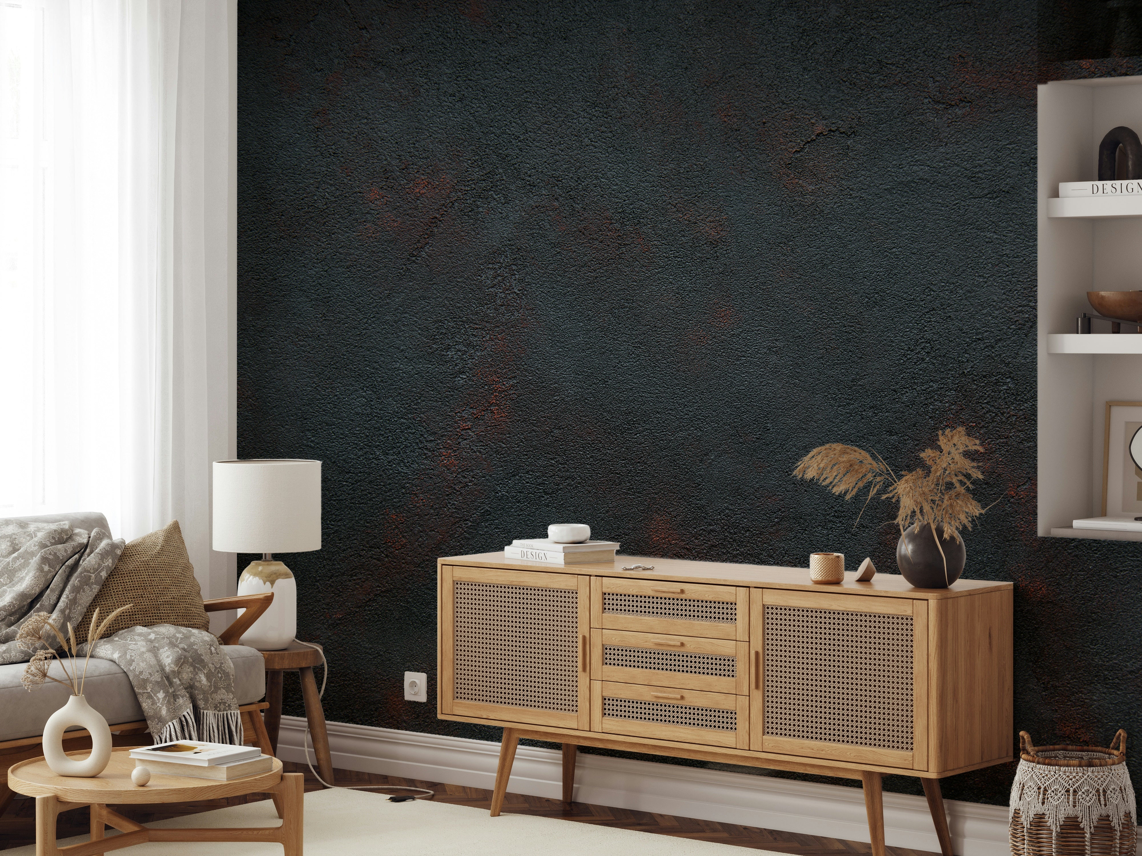 The light in the room highlights the various layers and shades of the fiery tones.

