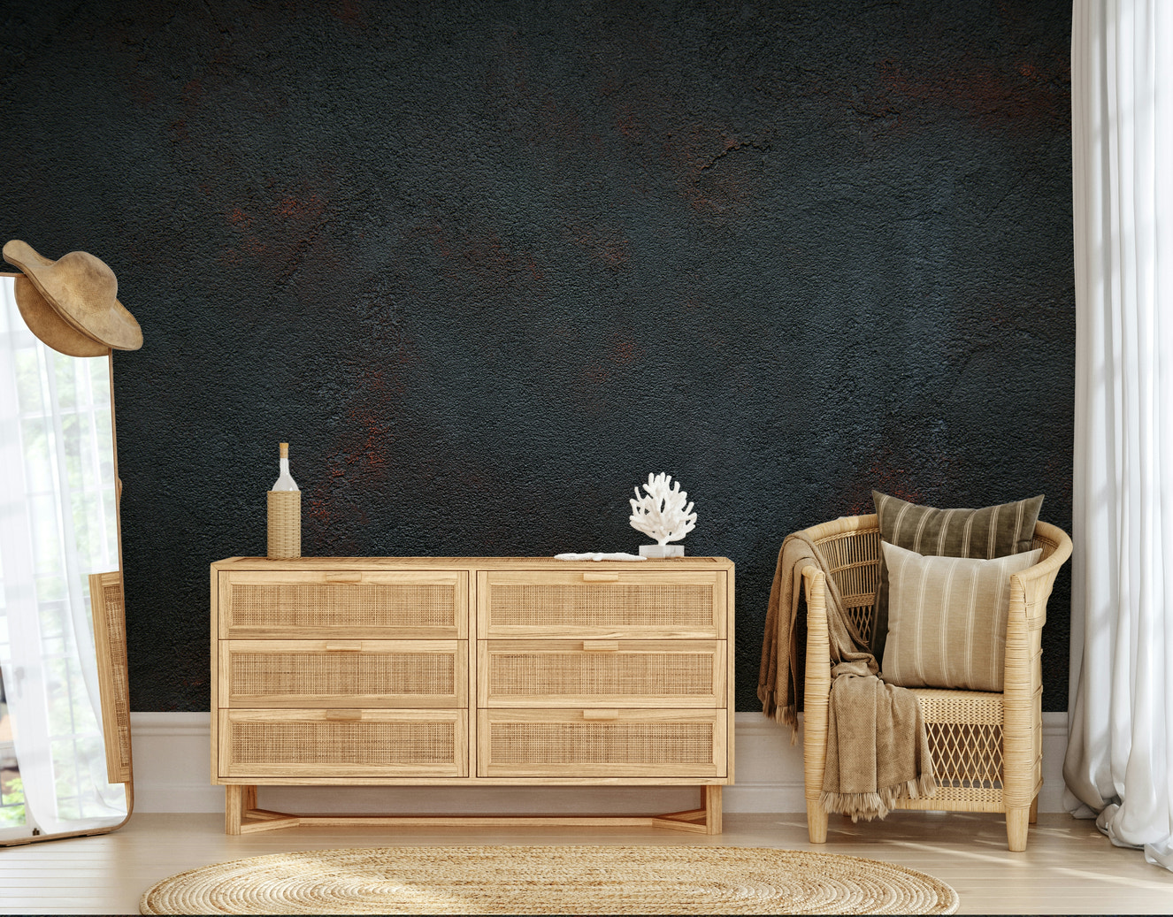 A wall mural featuring a bold, flowing pattern in warm, rich colors.

