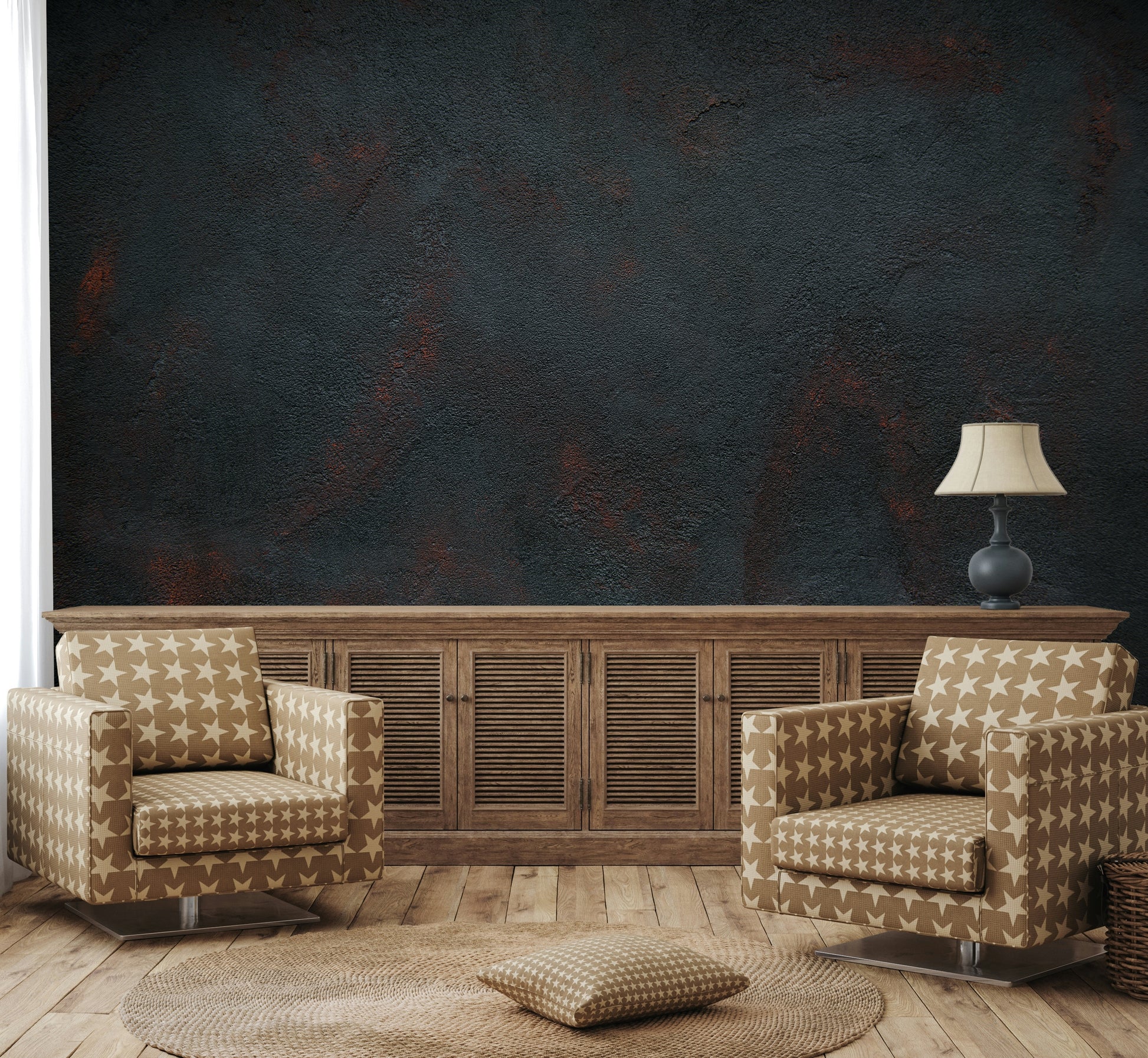 The mural is installed in a modern living room behind a dark, low-profile sofa.

