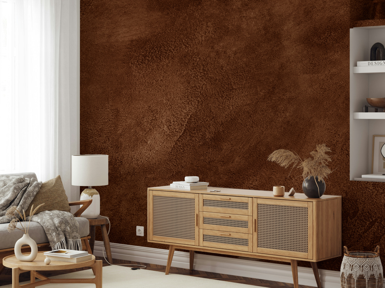 A wall mural featuring a soft, textured pattern in earthy tones.

