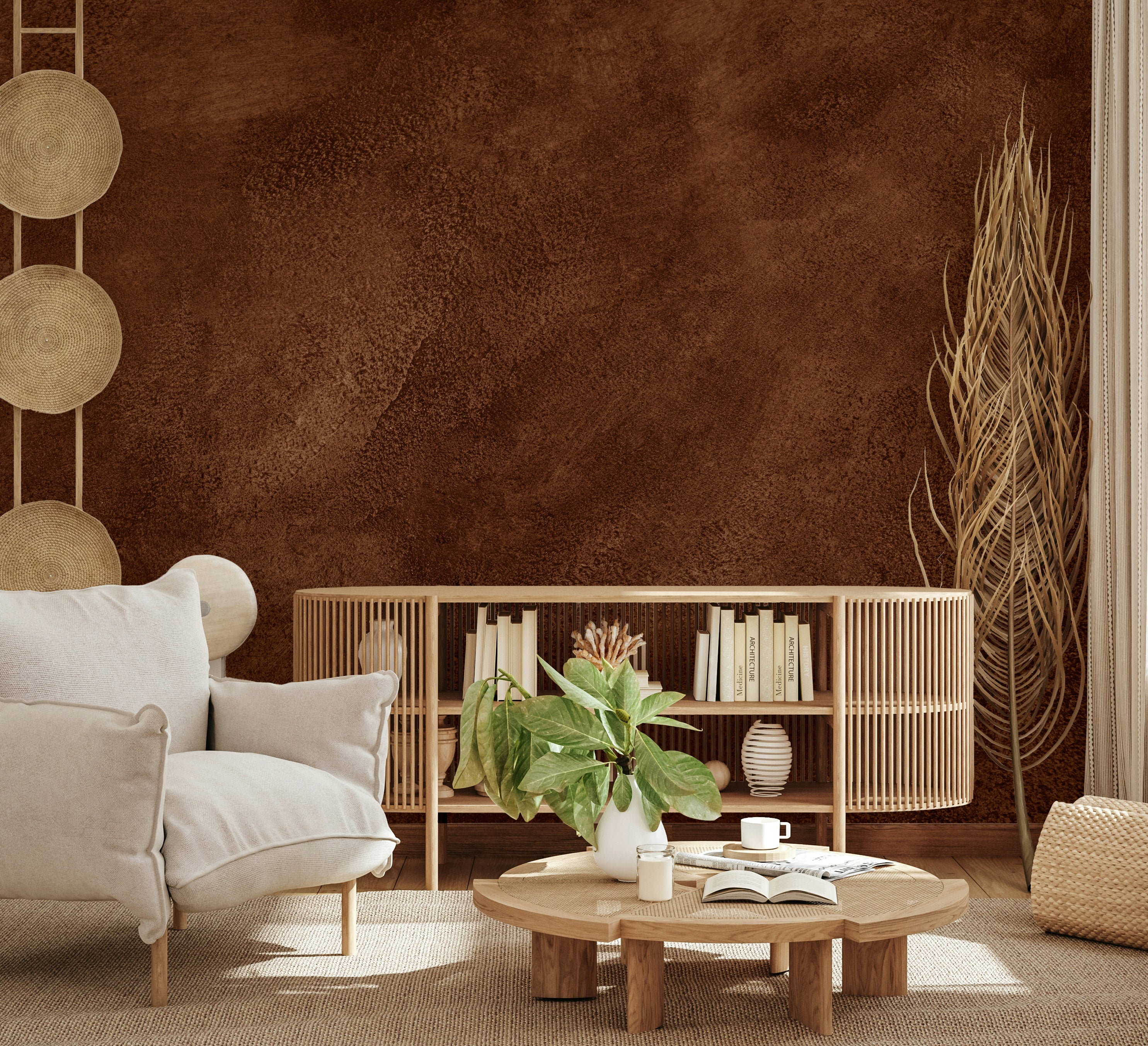 The room's lighting highlights the soft, organic feel of the mural's texture.

